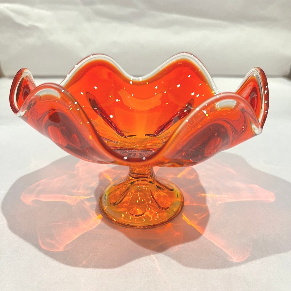 VTG‎ Viking Glass Epic 6-Petal Persimmon Amberina Pedestal Compote Bowl UV Glow